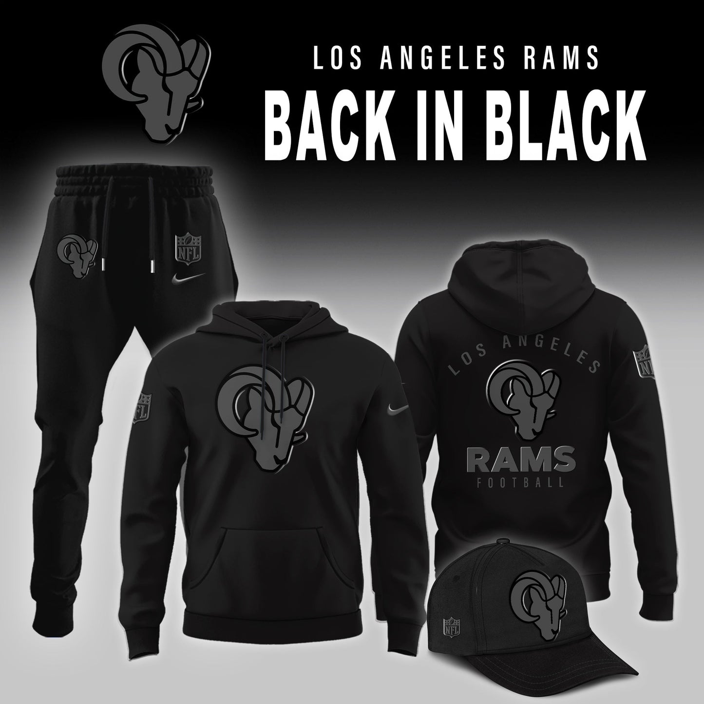 Los Angeles Rams 2025 Back In Black Edition Combo Hoodie Jogger And AF1 Low Top Sneaker For Fan