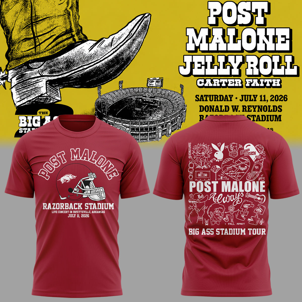 Post Malone x Arkansas Razorbacks - Limited Edition Big Ass Stadium Tour At Razorback Stadium Shirt 2