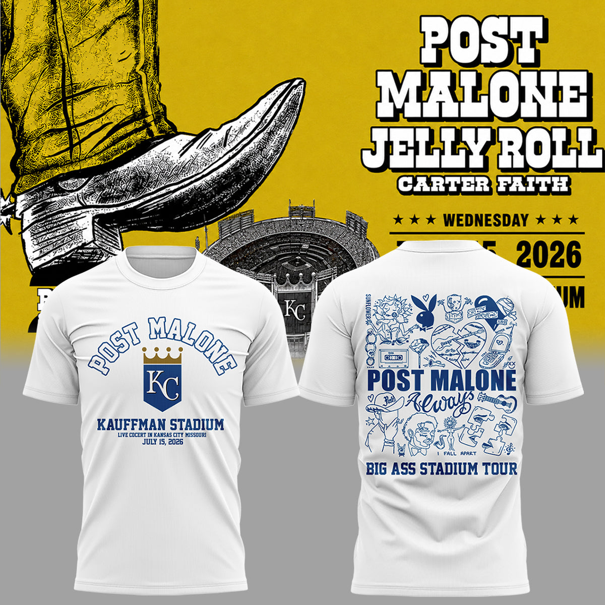 Post Malone x Kansas City Royals - Limited Edition Big Ass Stadium Tour At Kauffman Stadium Shirt 1