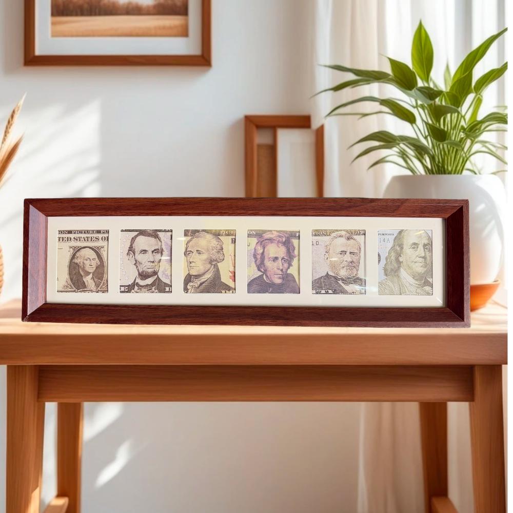 Vintage Wooden Cash Display Frame,6-Compartment Money Collector Box,Handmade Rustic Bill Holder (14.56"x4.13")