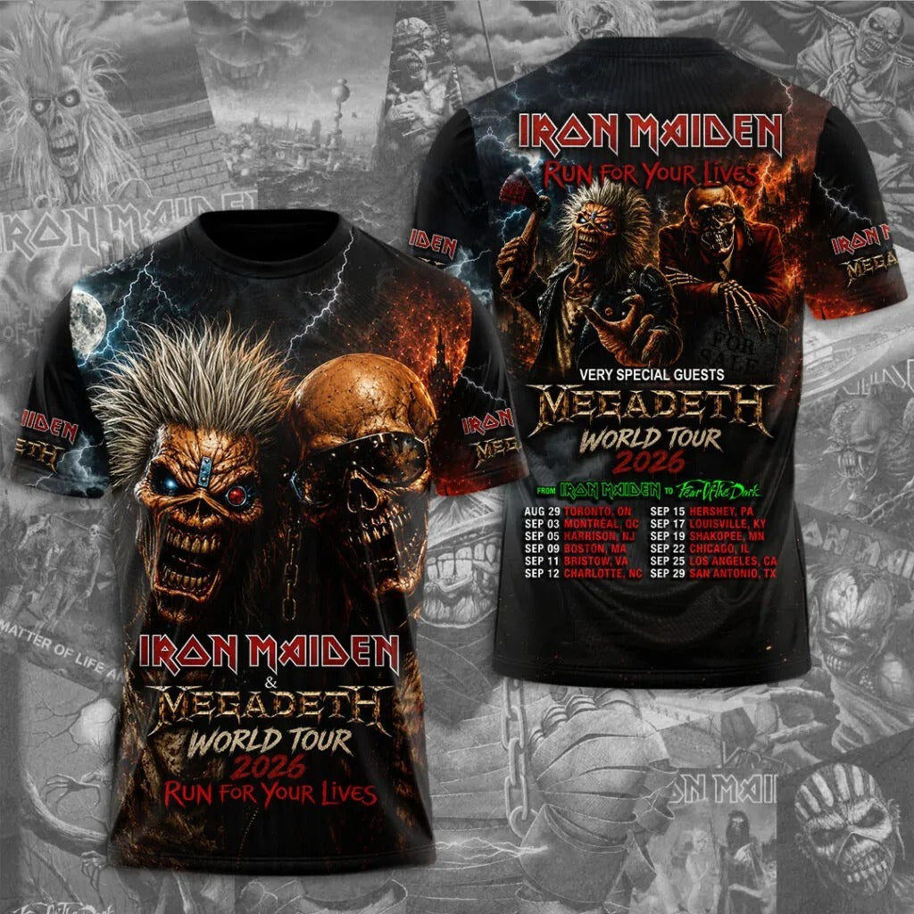 Iron Maiden x Megadeth - Run For Your Lives - World Tour 2026 3D Apparel T-shir