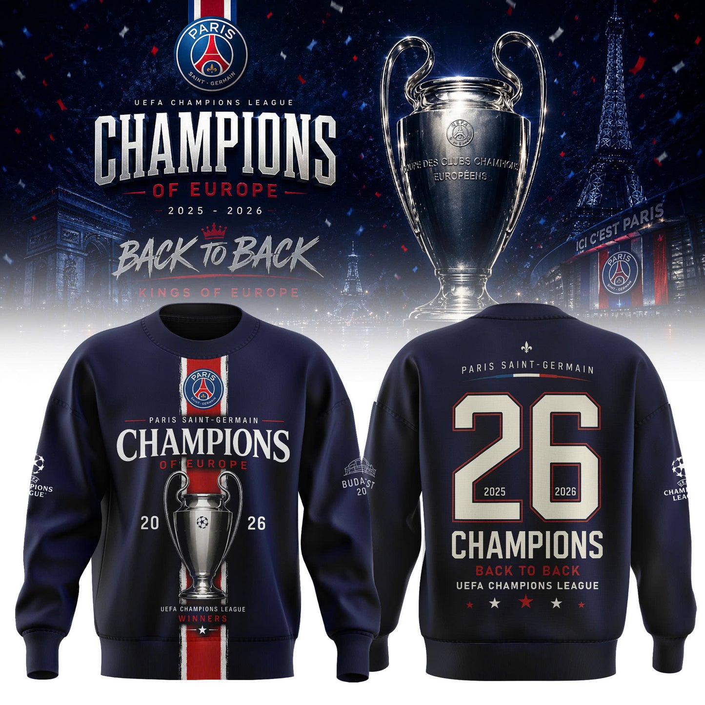 PSG Winner Back to Back UEFA Champions League 2026 Champions Sweater