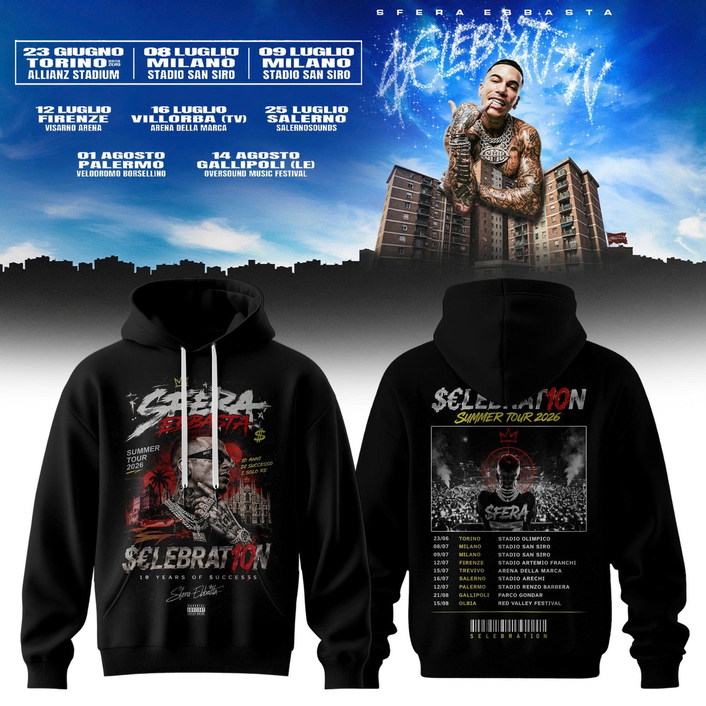 ”$€LEBRAT10N” – Sfera Ebbasta Summer Tour 2026 Limited Hoodie