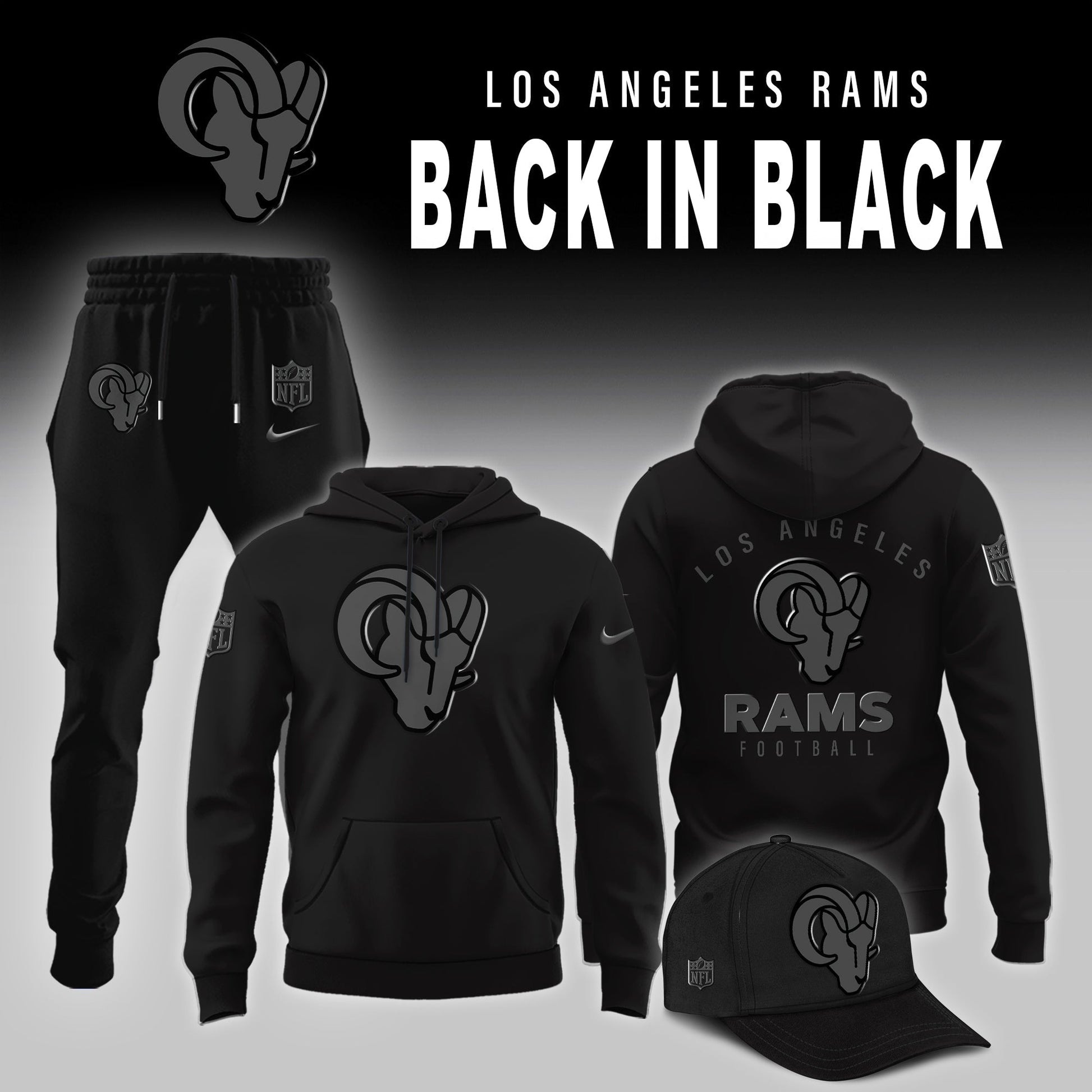 Los Angeles Rams 2025 Back In Black Edition Combo Hoodie Jogger And AF1 Low Top Sneaker For Fan