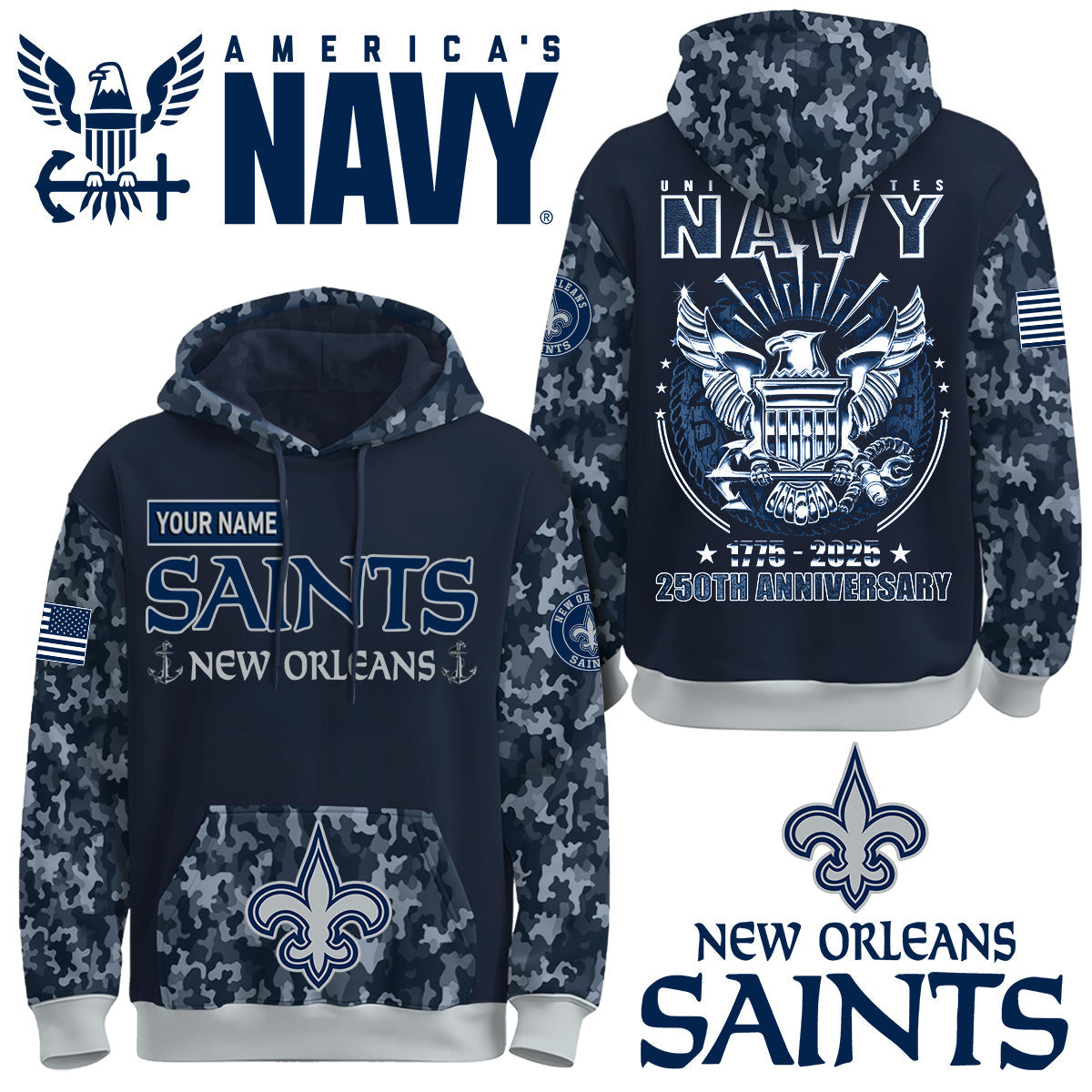 New Orleans Saints x U.S Navy 250th Birthday Anniversary-3D Unisex Hoodie