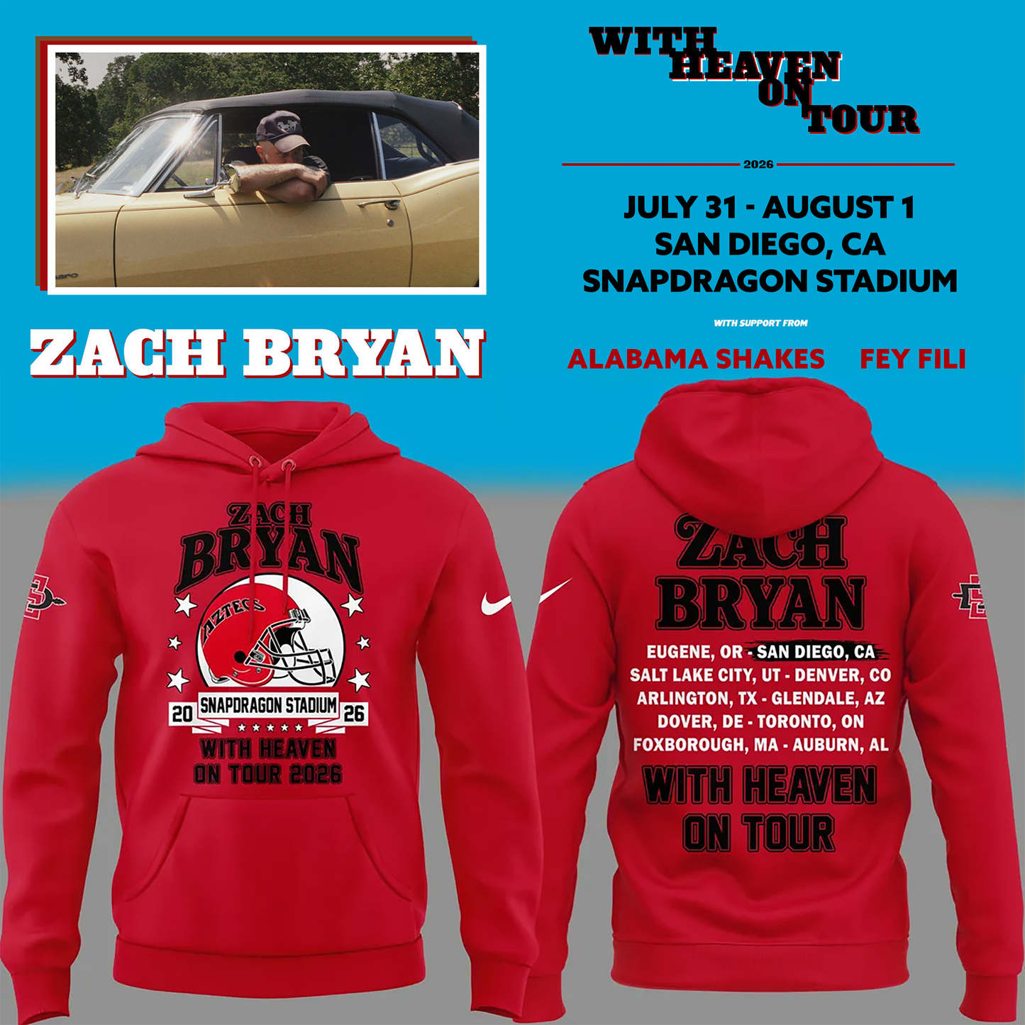 02. New Hoodie Zach Bryan x San Diego State Football - With Heaven On Tour 2026 Hoodie