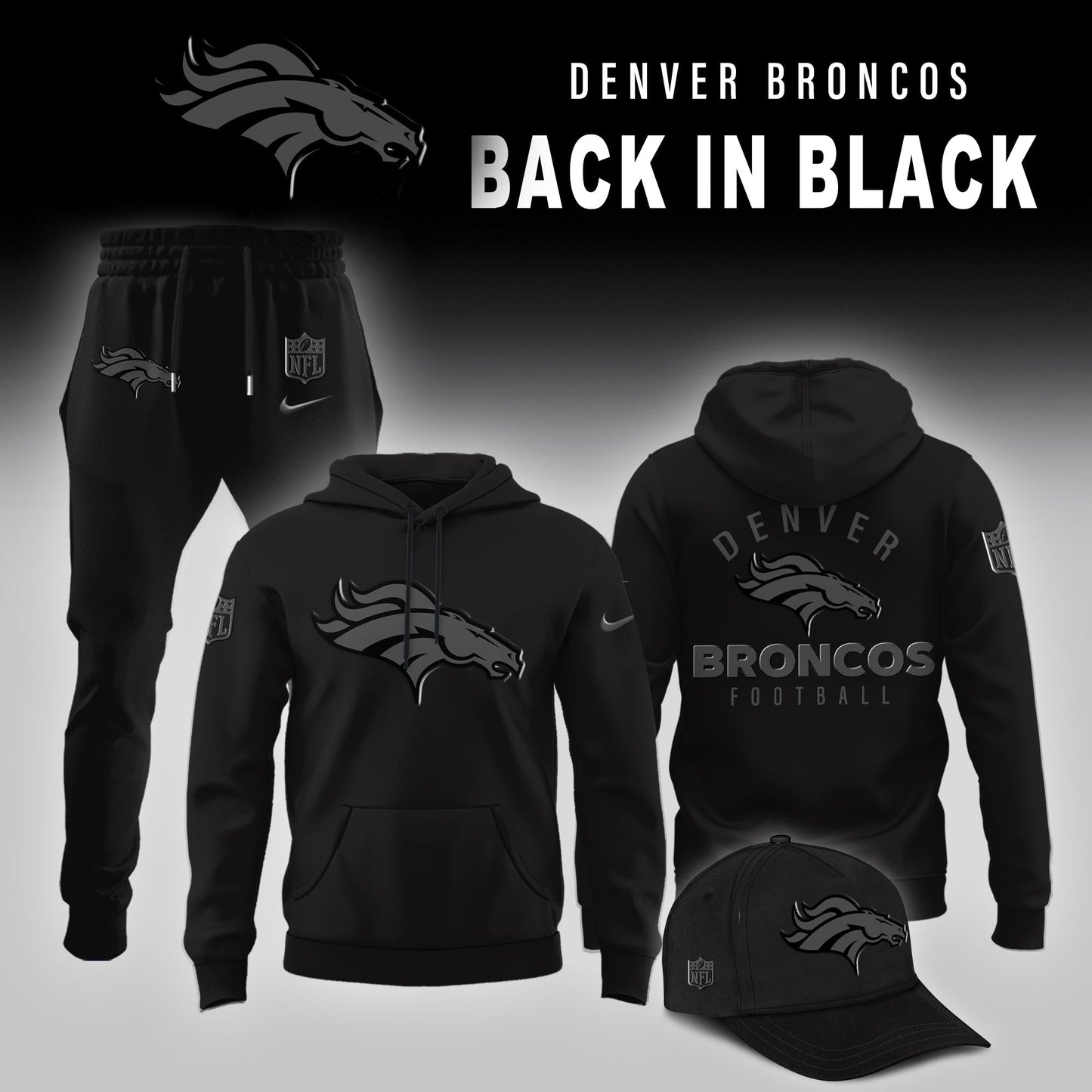 Denver Broncos 2025 Back In Black Edition Combo Hoodie Jogger And AF1 Low Top Sneaker For Fan