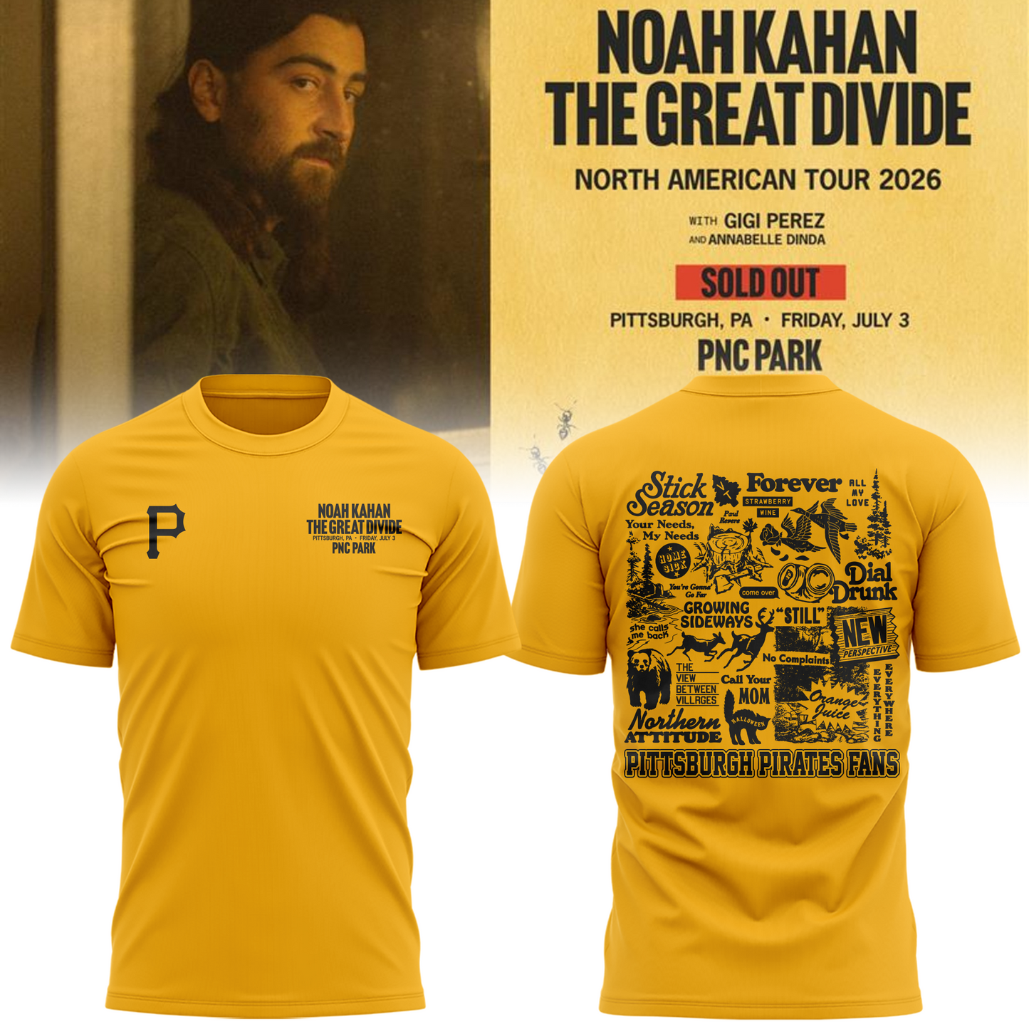 Limited Edition Pittsburgh Pirates x Noah Kahan Yellow T-shirt 2026