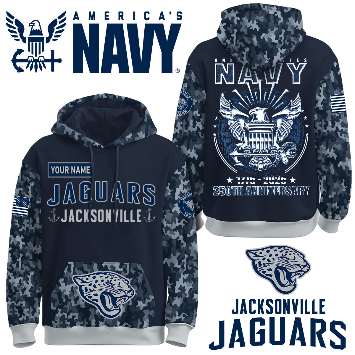 Jacksonville Jaguars x U.S Navy 250th Birthday Anniversary-3D Unisex Hoodie