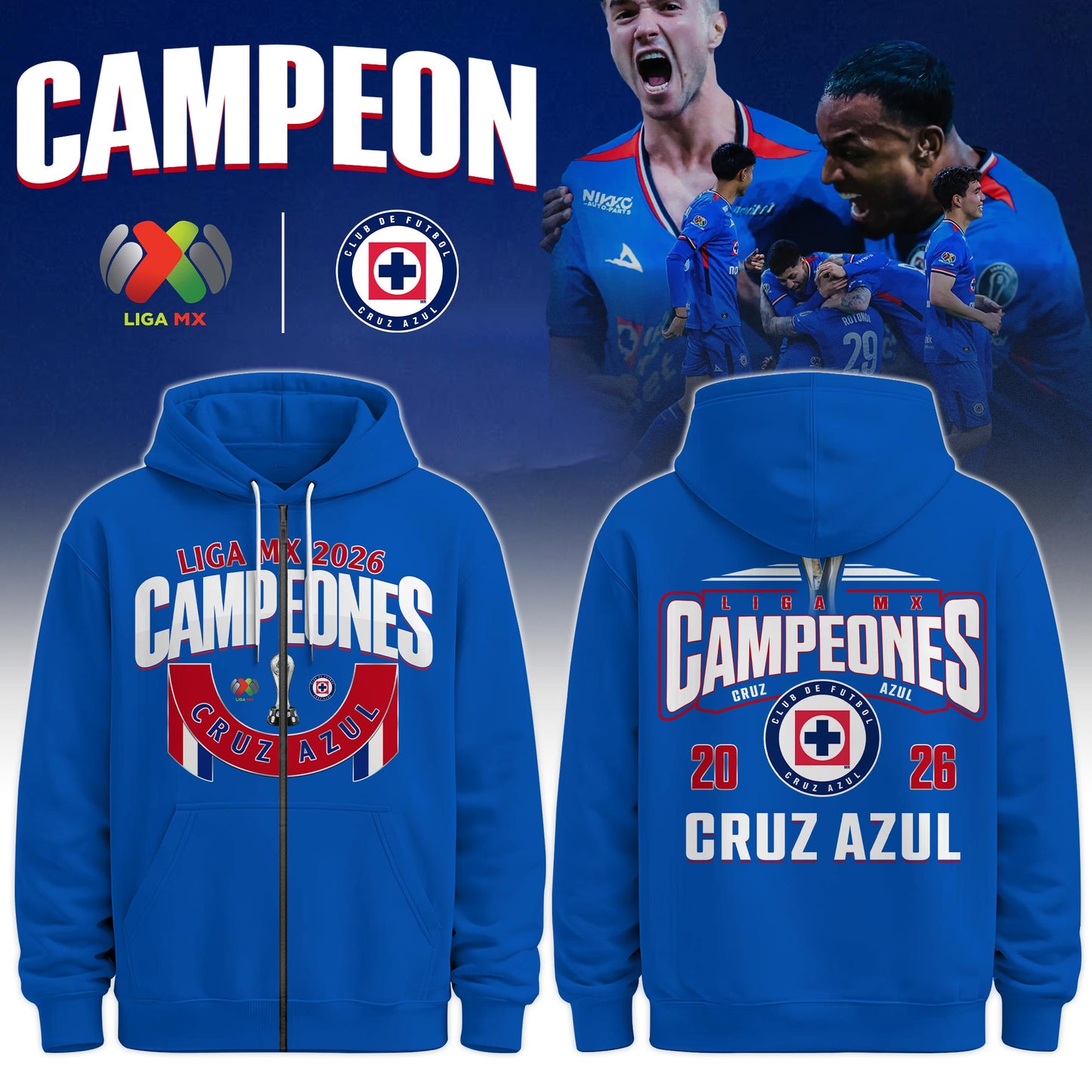 Cruz Azul 2026 Campeones Royal Blue Zip Hoodie
