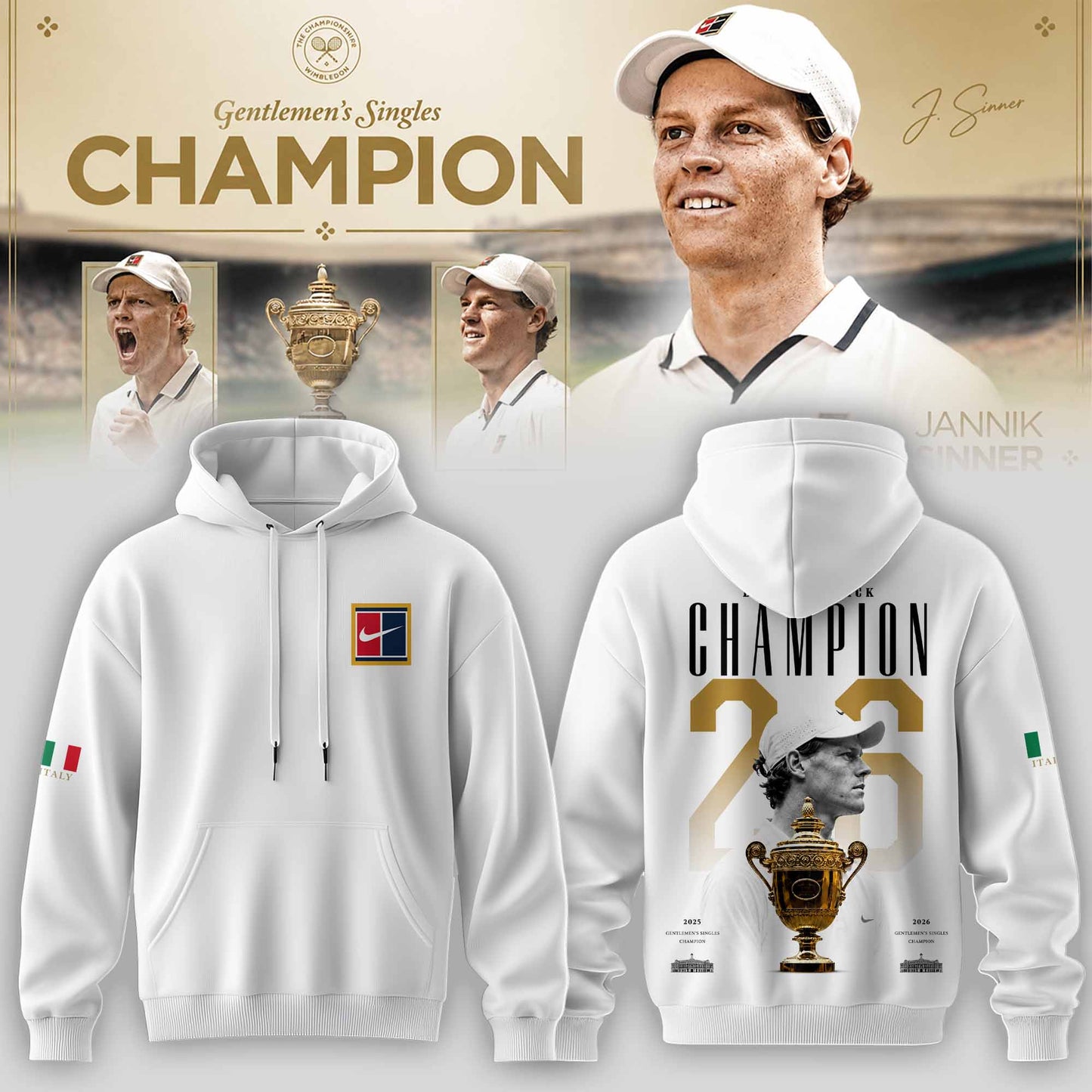 Limited Edition Jannik Sinner 2026 Wimbledon Champions Hoodie
