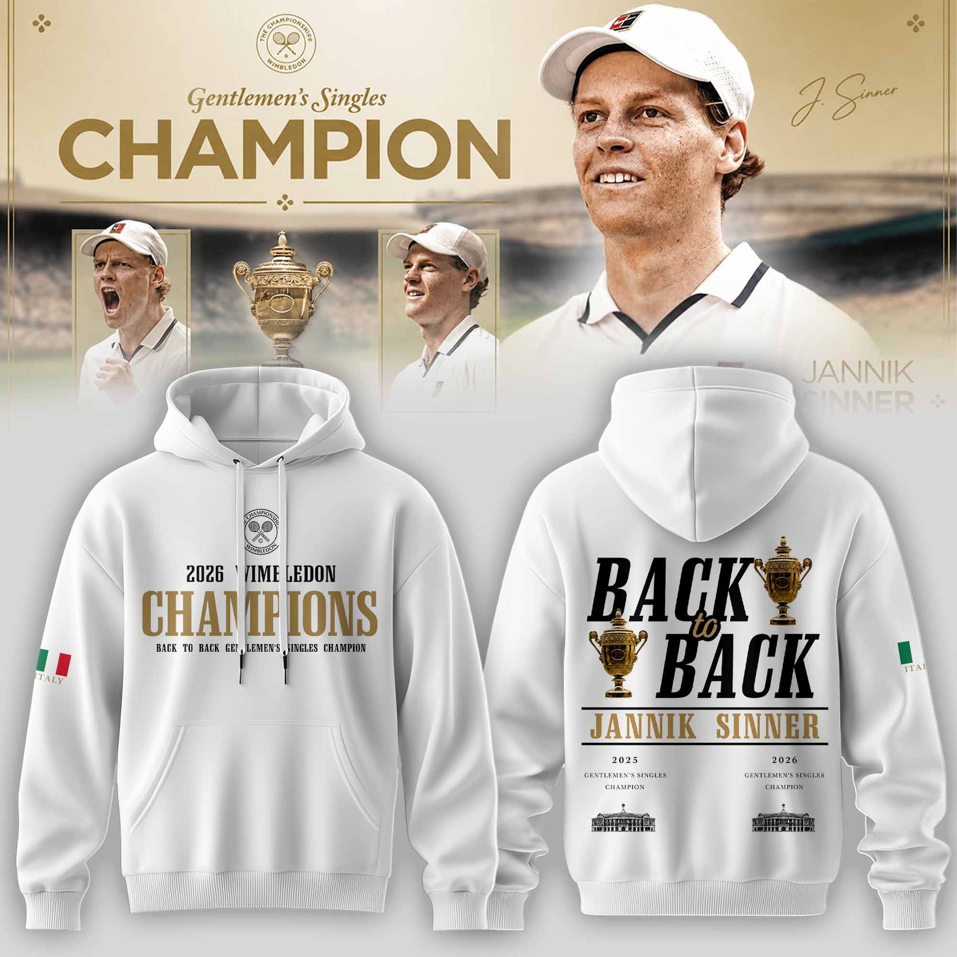 Limited Edition Jannik Sinner 2026 Wimbledon Champions Hoodie