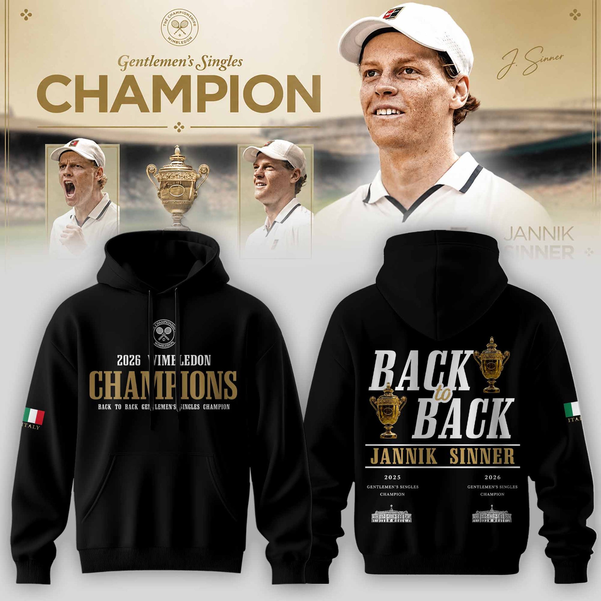 Limited Edition Jannik Sinner 2026 Wimbledon Champions Hoodie