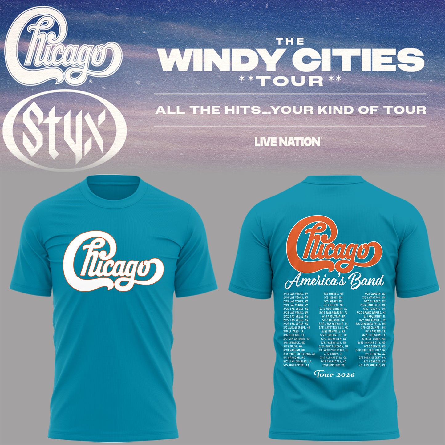 Chicago - Limited Edition The Windy Cities Tour – All The Hits… Your Kind of Tour T-Shirt 7