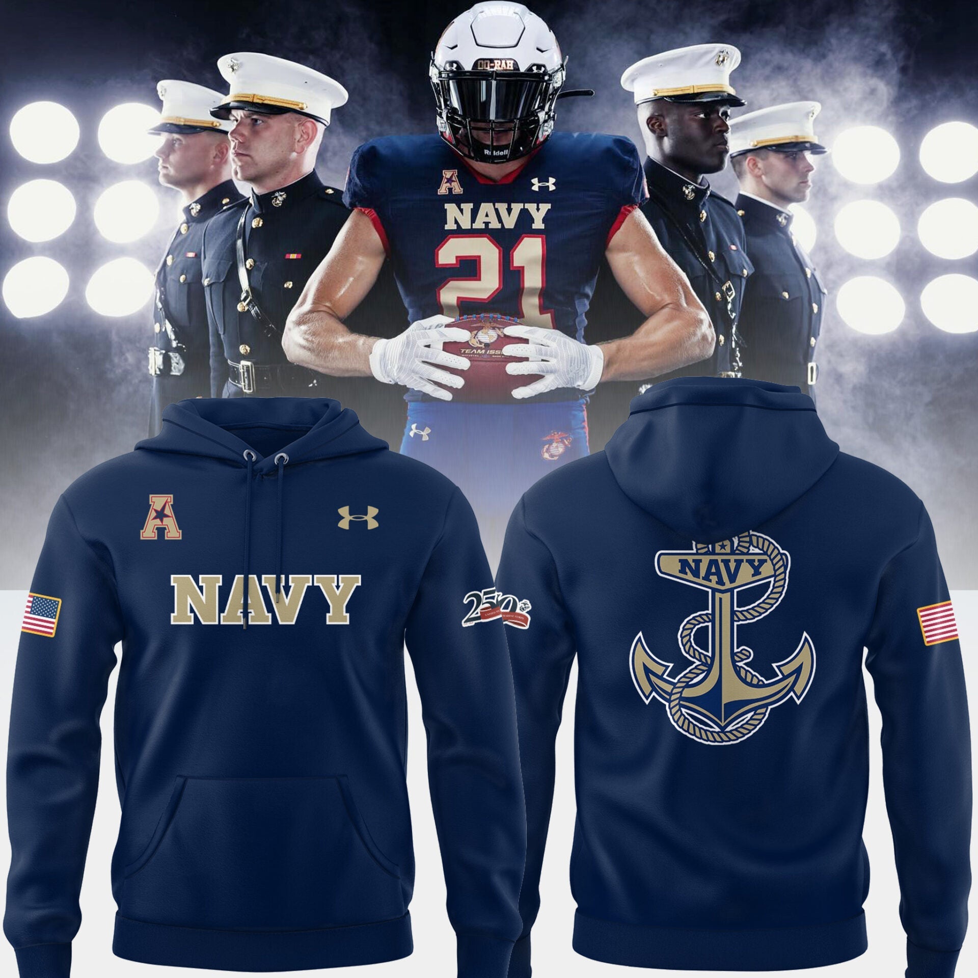 Limited Edition NAV Football Happy 250th Birthday U.S. Marines Hoodie
