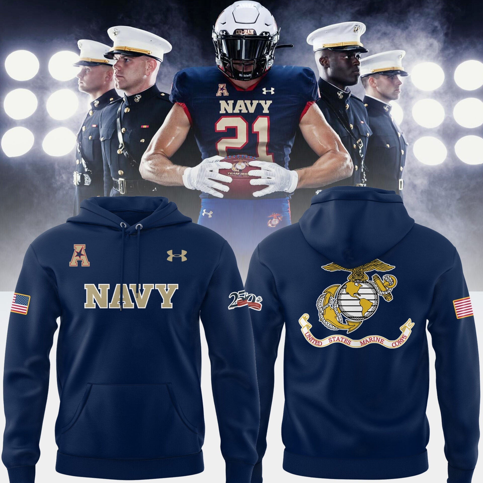 Limited Edition NAV Football Happy 250th Birthday U.S. Marines Hoodie