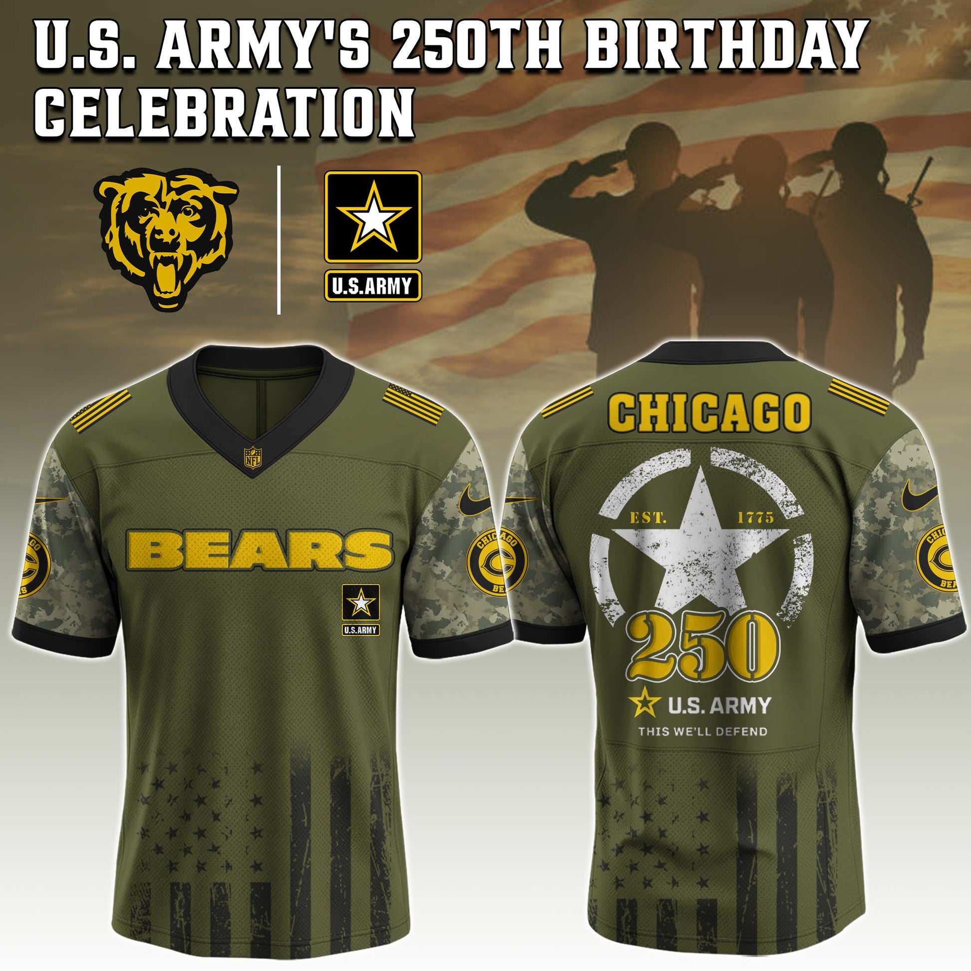Chicago Bears x U.S. ARMY'S 250TH Birthday Special Edition Jersey - Tycheco