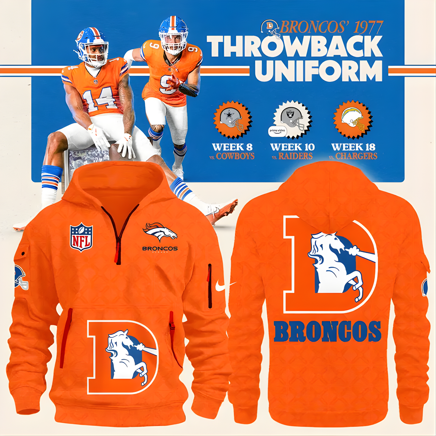 Men's Denver Broncos Throwback 1977 Orange Quarter Zipper Hoodie