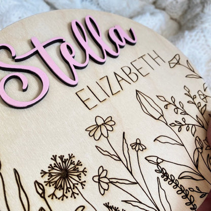 Baby Birth Announcement Sign for First Photos, Baby Shower Gift, Nursery Decor, Engraved Wildflower Sign, Baby Birth Photo Prop Sign