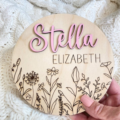 Baby Birth Announcement Sign for First Photos, Baby Shower Gift, Nursery Decor, Engraved Wildflower Sign, Baby Birth Photo Prop Sign