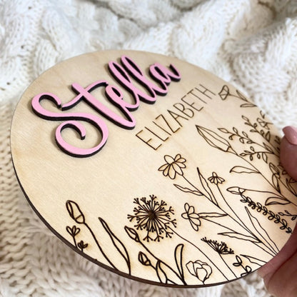 Baby Birth Announcement Sign for First Photos, Baby Shower Gift, Nursery Decor, Engraved Wildflower Sign, Baby Birth Photo Prop Sign
