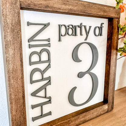 Party of 3 Sign, Family Name Sign, 3D Number Sign, Last Name Sign, Custom Family Name Sign, Party of 4,5,6 Sign, Personalized Family Sign