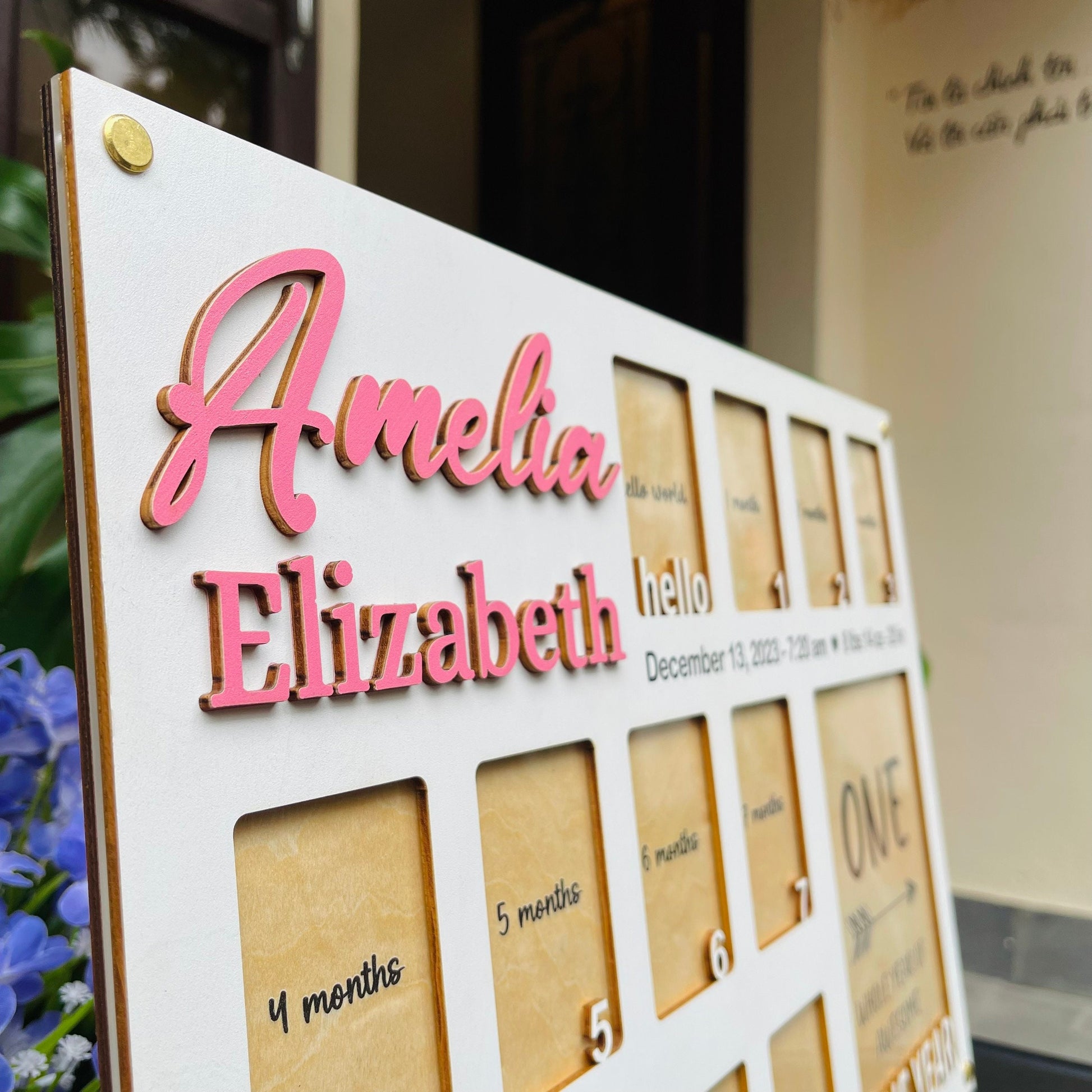 Baby Birth through One Year Monthly Picture Frame Wall Art, Personalized Wooden Photo Frame for Baby