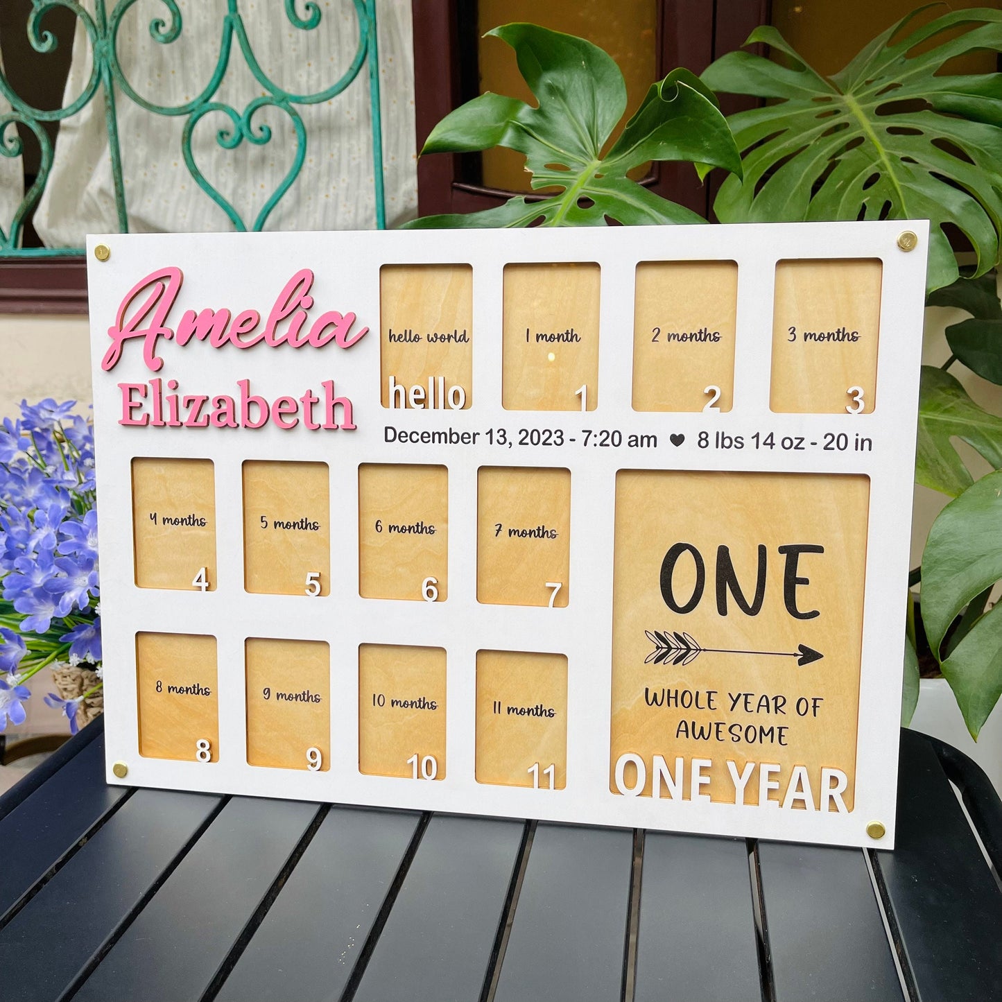 Baby Birth through One Year Monthly Picture Frame Wall Art, Personalized Wooden Photo Frame for Baby