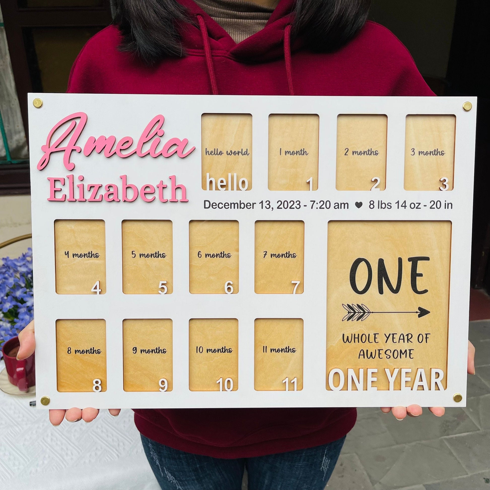 Baby Birth through One Year Monthly Picture Frame Wall Art, Personalized Wooden Photo Frame for Baby