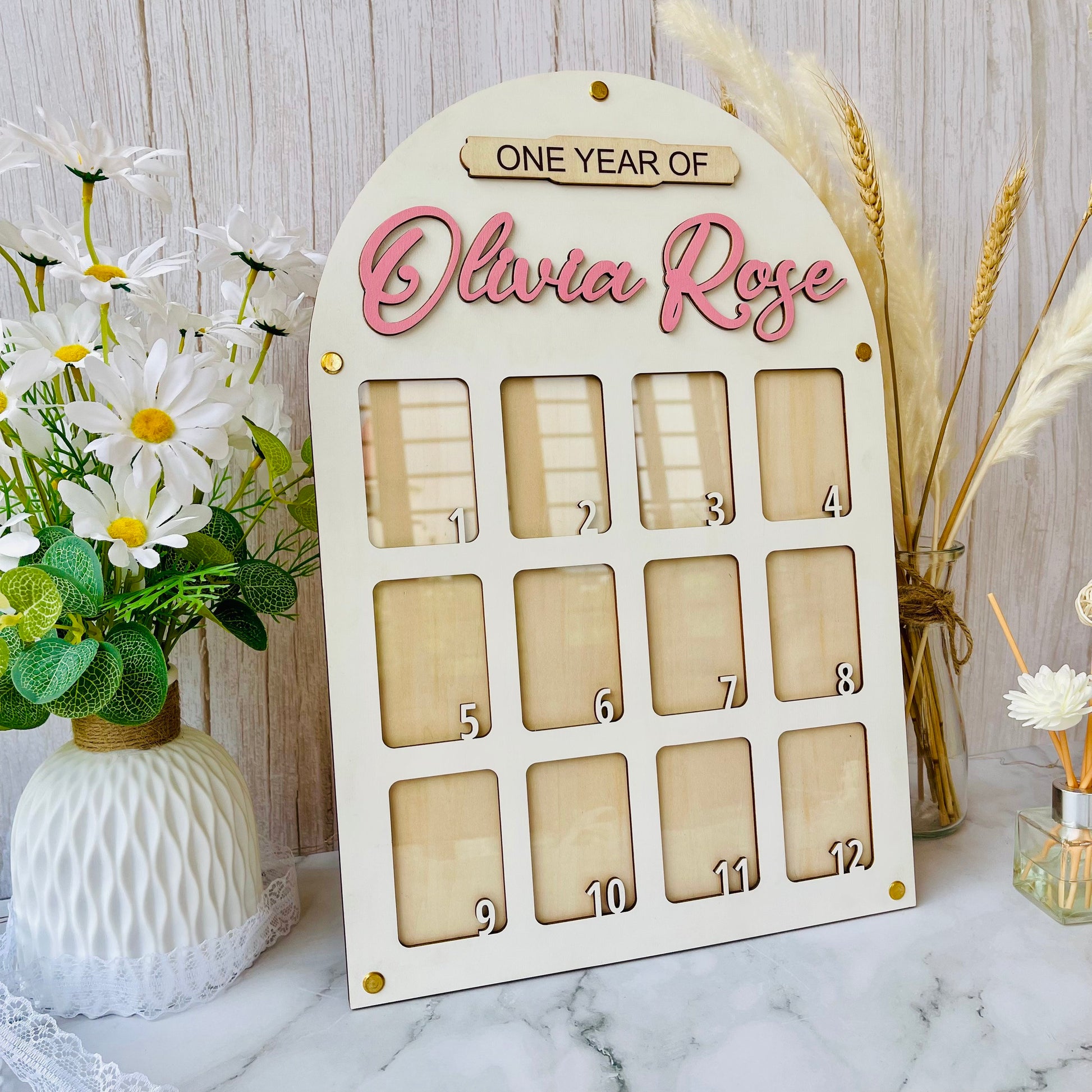 Baby Birth through One Year Monthly Picture Frame Wall Art, Personalized Wooden Photo Frame for Baby, Baby Gift