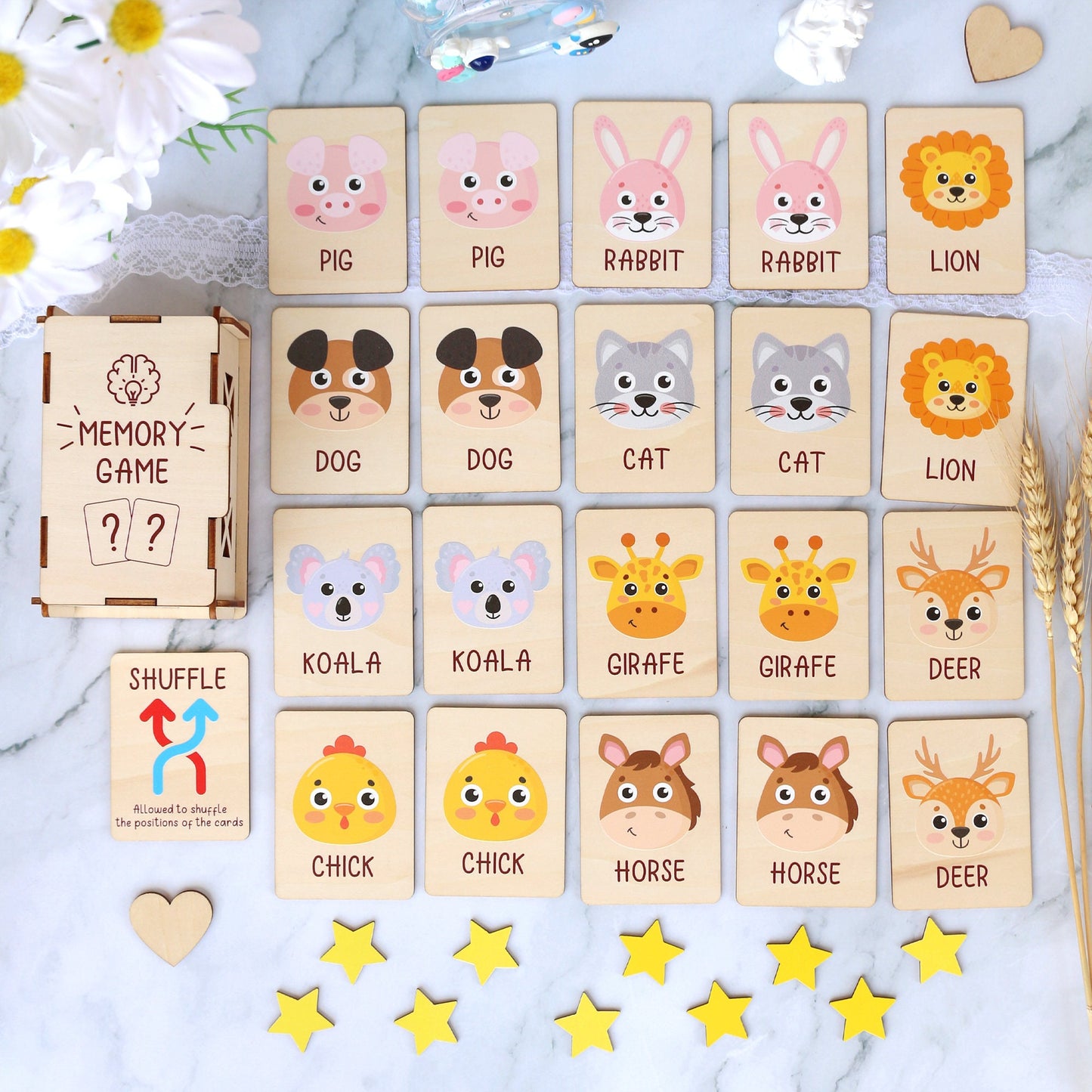 Wood Memory Game for Kids - Matching Cards - Wood Montessori Toys - Learning Toys For Toddlers - Farm Animals Matching Cards