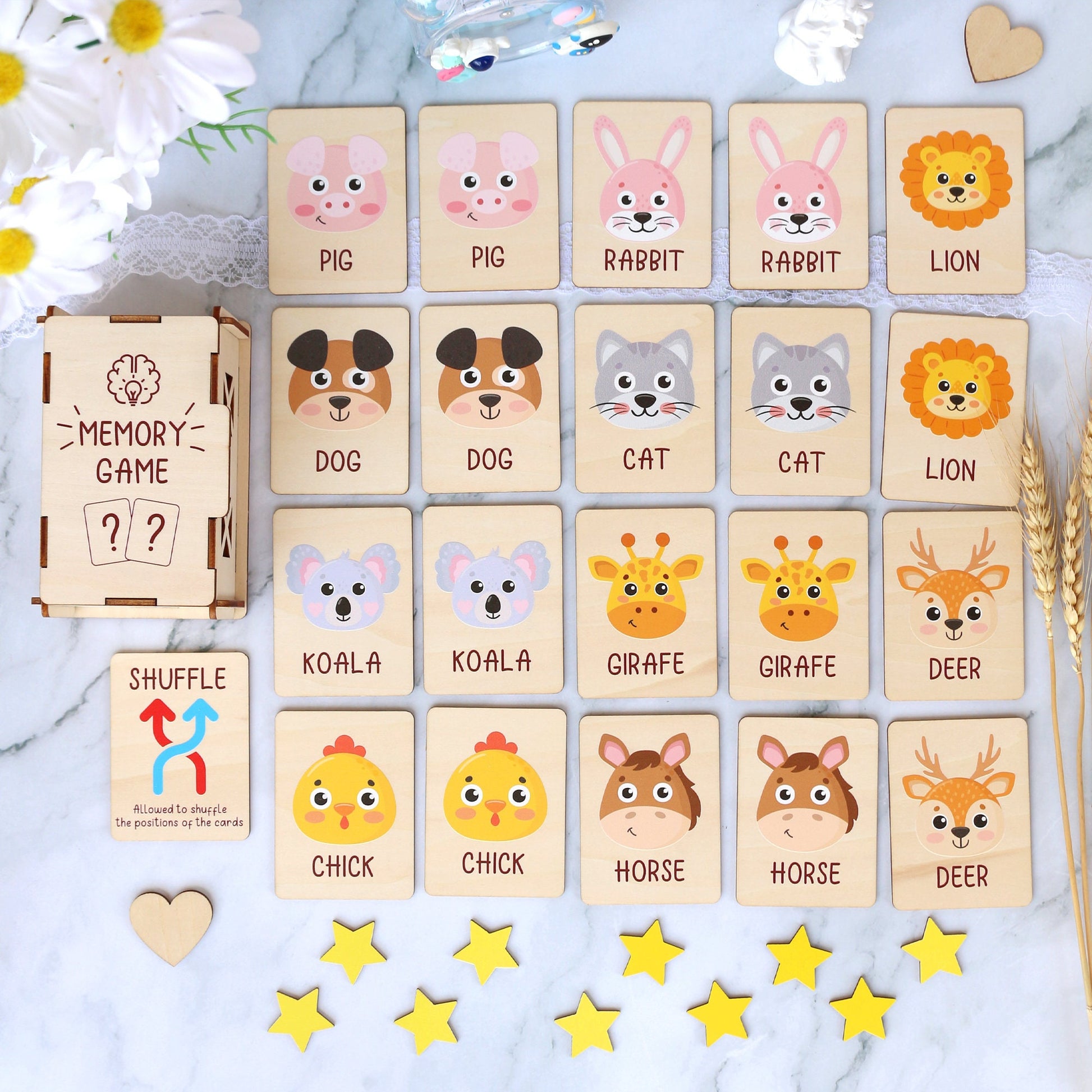 Wood Memory Game for Kids - Matching Cards - Wood Montessori Toys - Learning Toys For Toddlers - Farm Animals Matching Cards