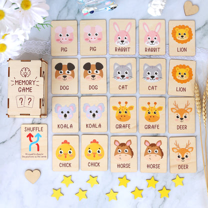 Wood Memory Game for Kids - Matching Cards - Wood Montessori Toys - Learning Toys For Toddlers - Farm Animals Matching Cards