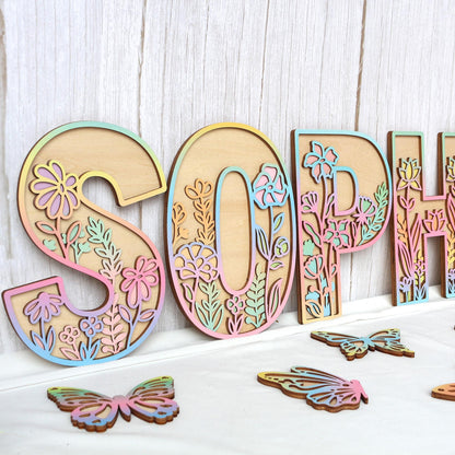 Wooden Nursery Name Sign Floral Rainbow Name Sign Wildflower Wall Letters Layered 3D Wall Art Nursery Decor Baby Girl Shower Gift