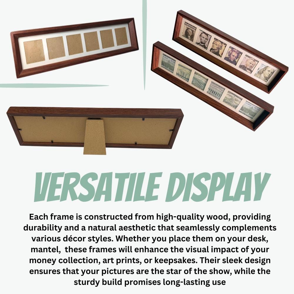 Vintage Wooden Cash Display Frame,6-Compartment Money Collector Box,Handmade Rustic Bill Holder (14.56"x4.13")