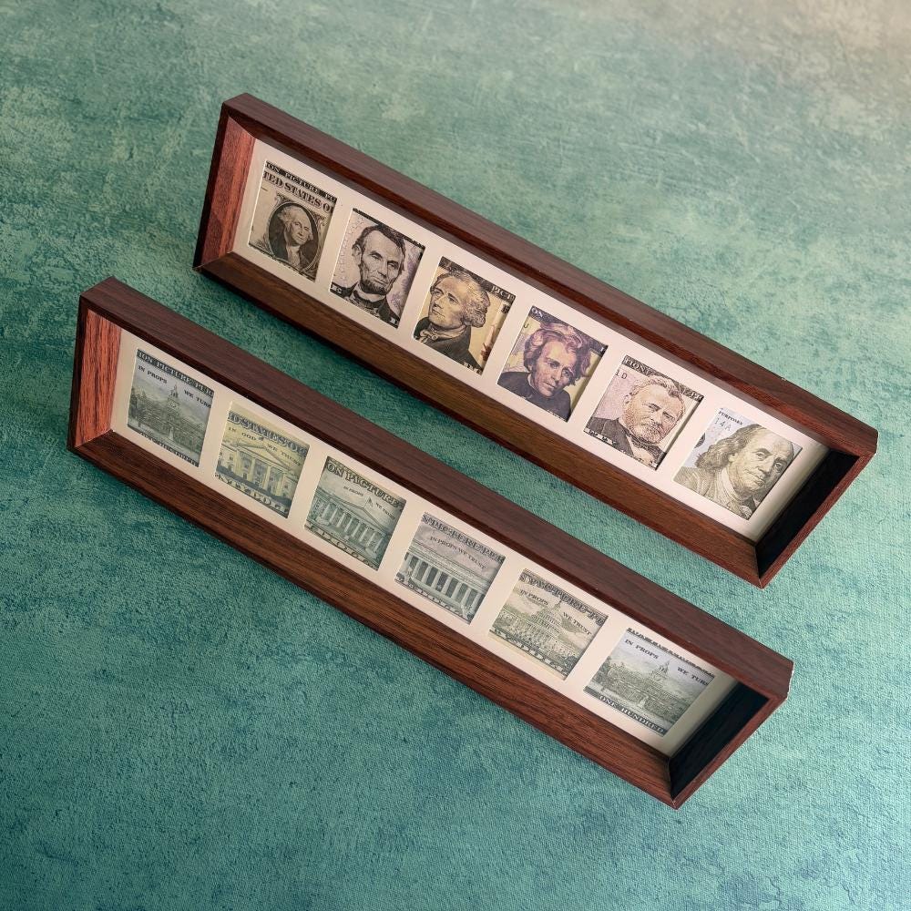 Vintage Wooden Cash Display Frame,6-Compartment Money Collector Box,Handmade Rustic Bill Holder (14.56"x4.13")