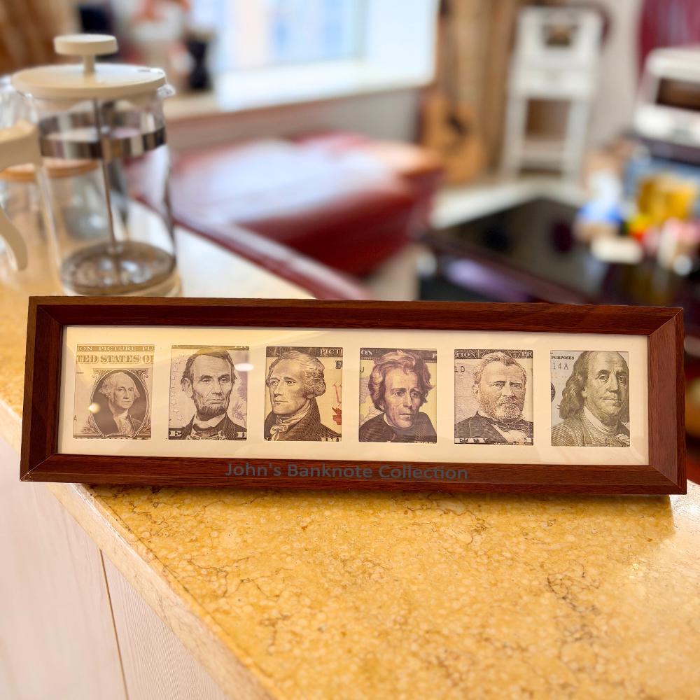 Vintage Wooden Cash Display Frame,6-Compartment Money Collector Box,Handmade Rustic Bill Holder (14.56"x4.13")