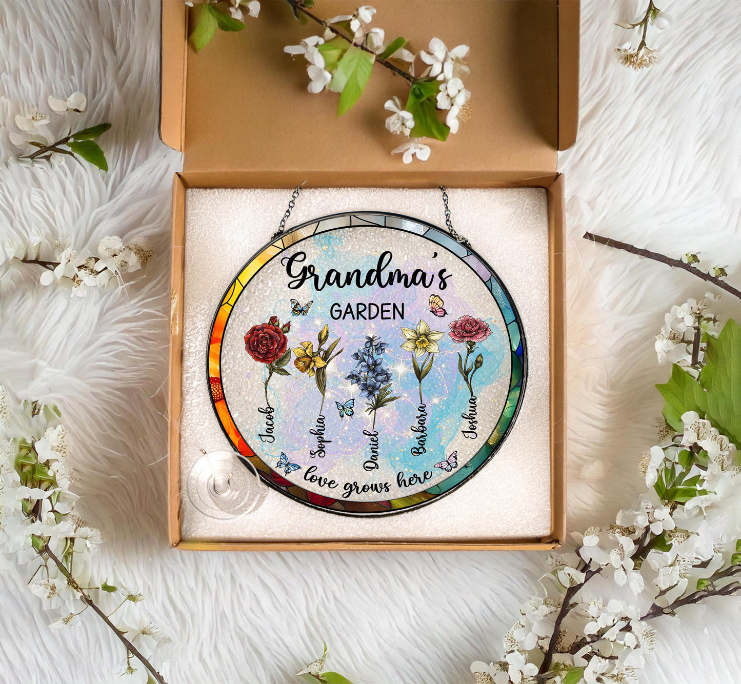 Custom Family Birth Flowers Stained Glass Suncatcher,Grandma Gift,Grandma's Garden,Mothers Day Gift For Mom,Flowers Glass Art,Window Hanging