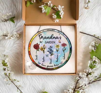 Custom Family Birth Flowers Stained Glass Suncatcher,Grandma Gift,Grandma's Garden,Mothers Day Gift For Mom,Flowers Glass Art,Window Hanging