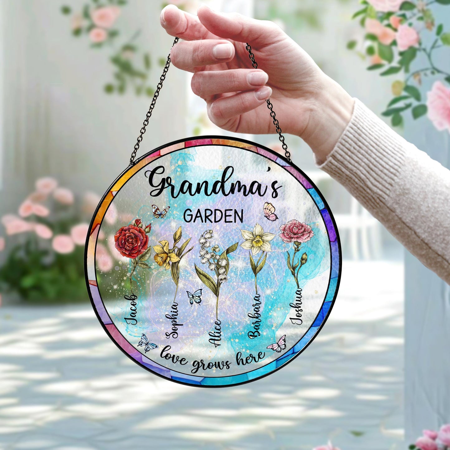 Custom Family Birth Flowers Stained Glass Suncatcher,Grandma Gift,Grandma's Garden,Mothers Day Gift For Mom,Flowers Glass Art,Window Hanging