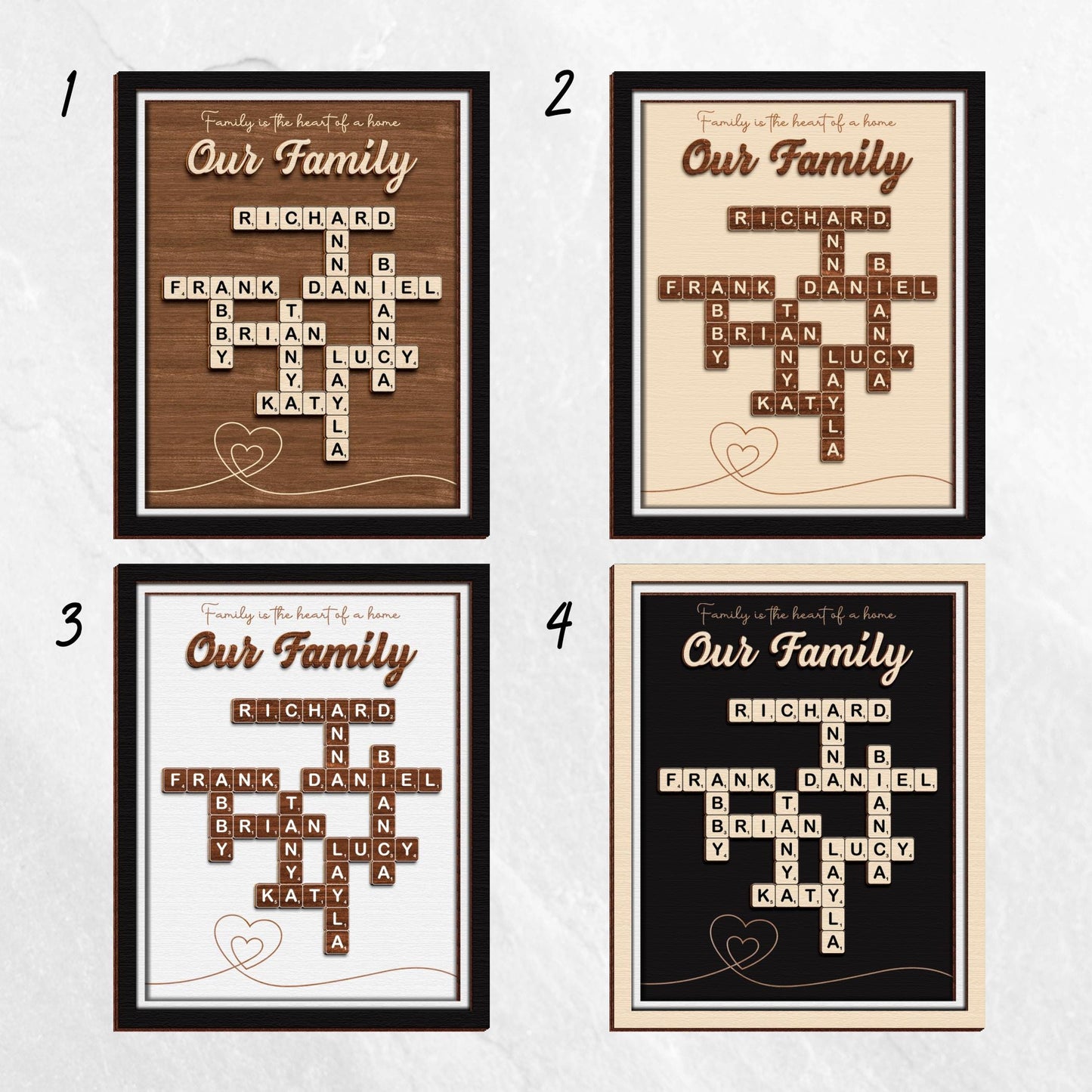 Grandma Gift,Personalised Family Scrabble Scrabble Frame"Family Is The Heart Of A Home",Grandkid Crossword Scrabble Wooden Sign,Gift For Mom