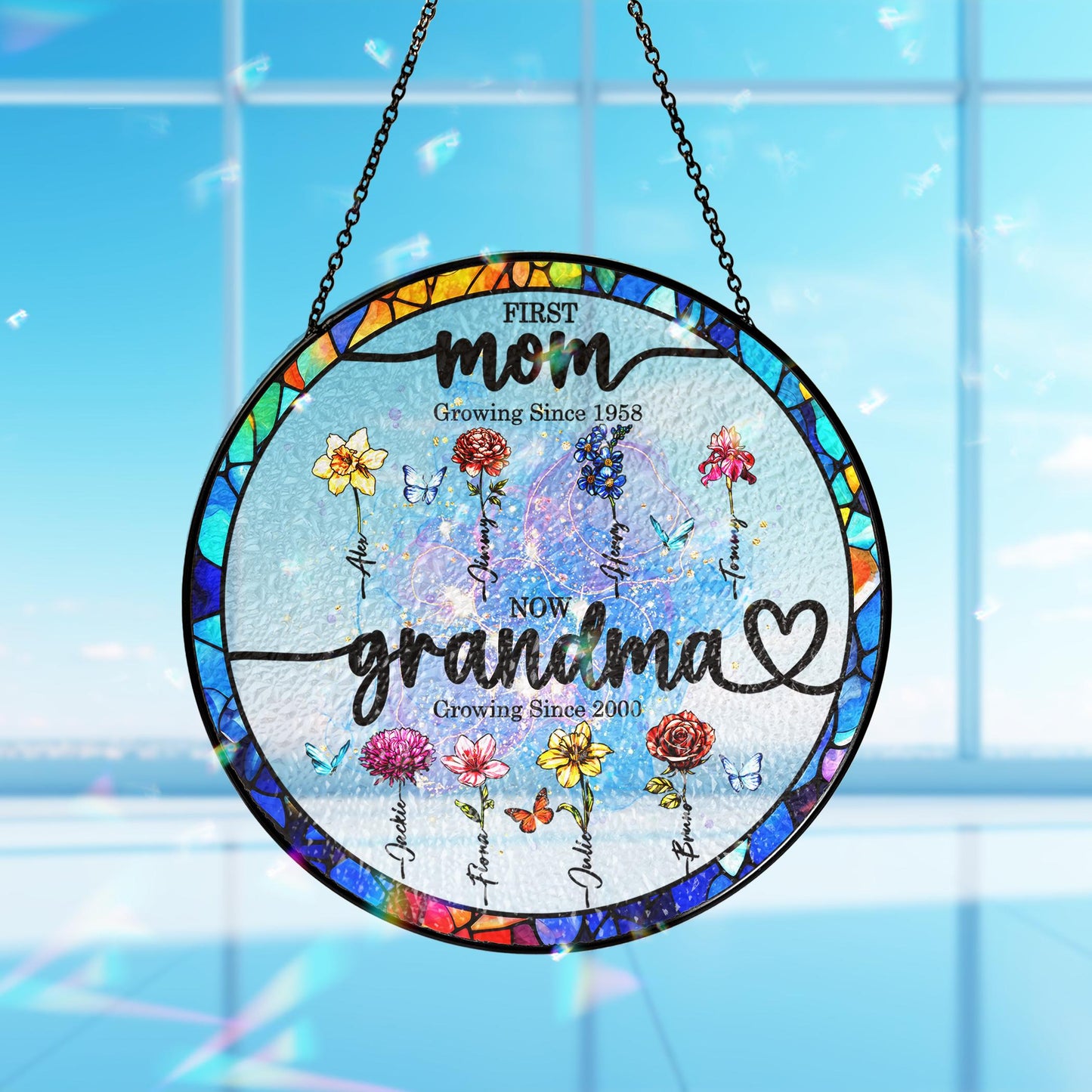 Custom Grandma's Garden Stained Glass Suncatcher, Birth Month Flower Window Hanging, Mothers Day Gift, Nana gift, Gift for Grandma