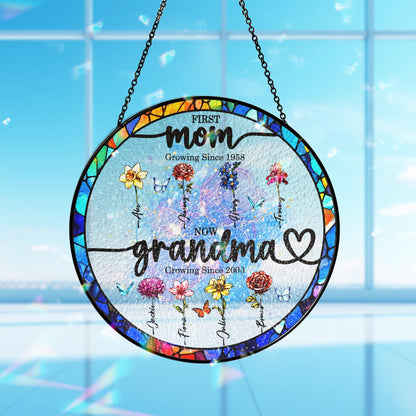 First Mom Now Grandma Stained Glass Suncather Personalized Birth Month Flower Window Hanging,Mother Day Gift,Gift for Mom,Grandma Home Decor