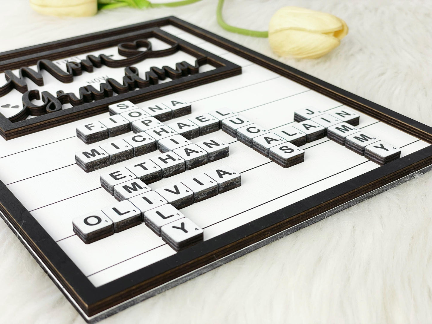 Grandma Scrabble Letters Sign with Kids Name, Custom Grandma Crosswords Mothers Day Gift, Gift for Mom, Nana Gift, Grandkids Name Keepsake,