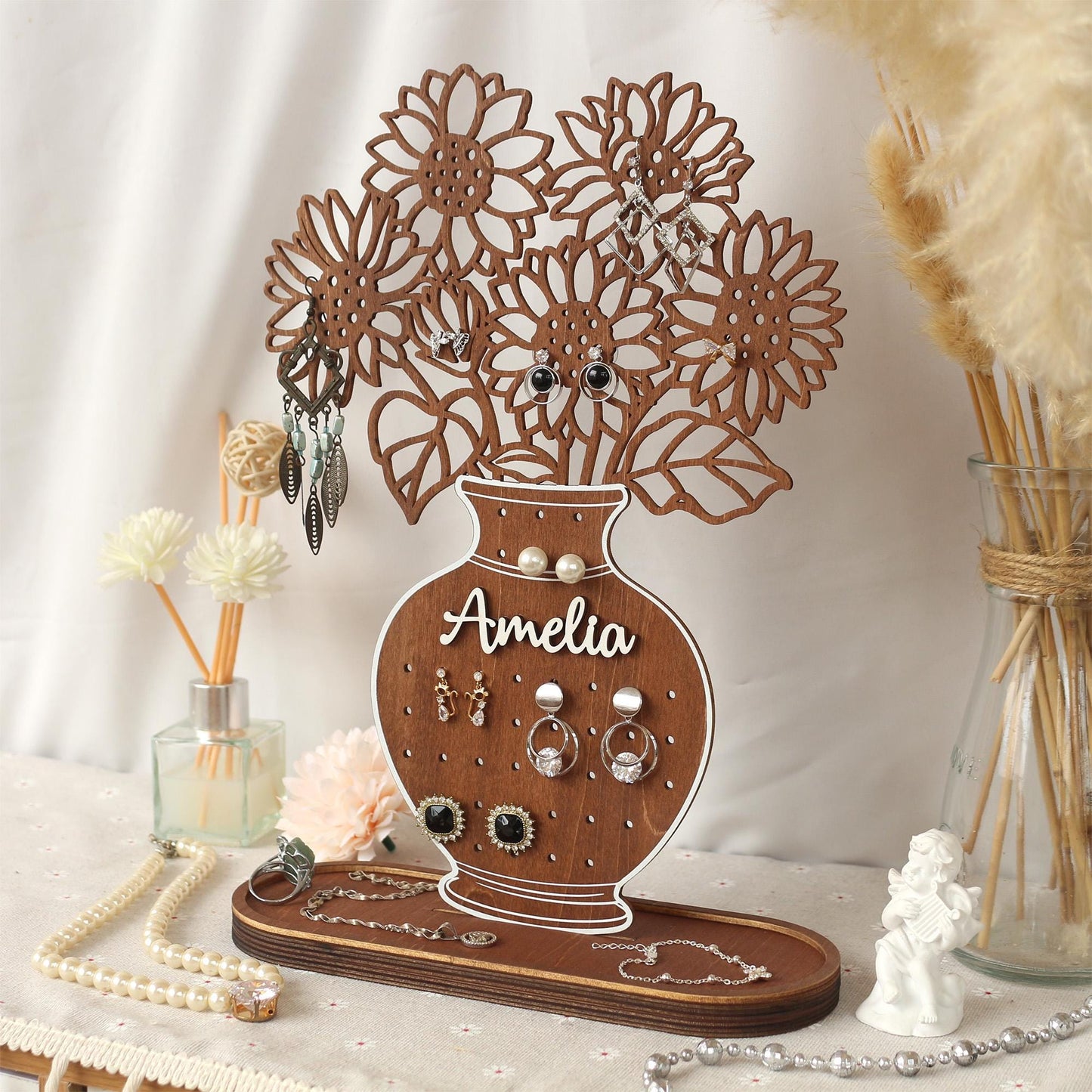 Jewelry Organizer Personalized Earring Stand Sunflower Jewelry Organization Earring Holder Birthday Gifts for Her Mothers Day Gifts