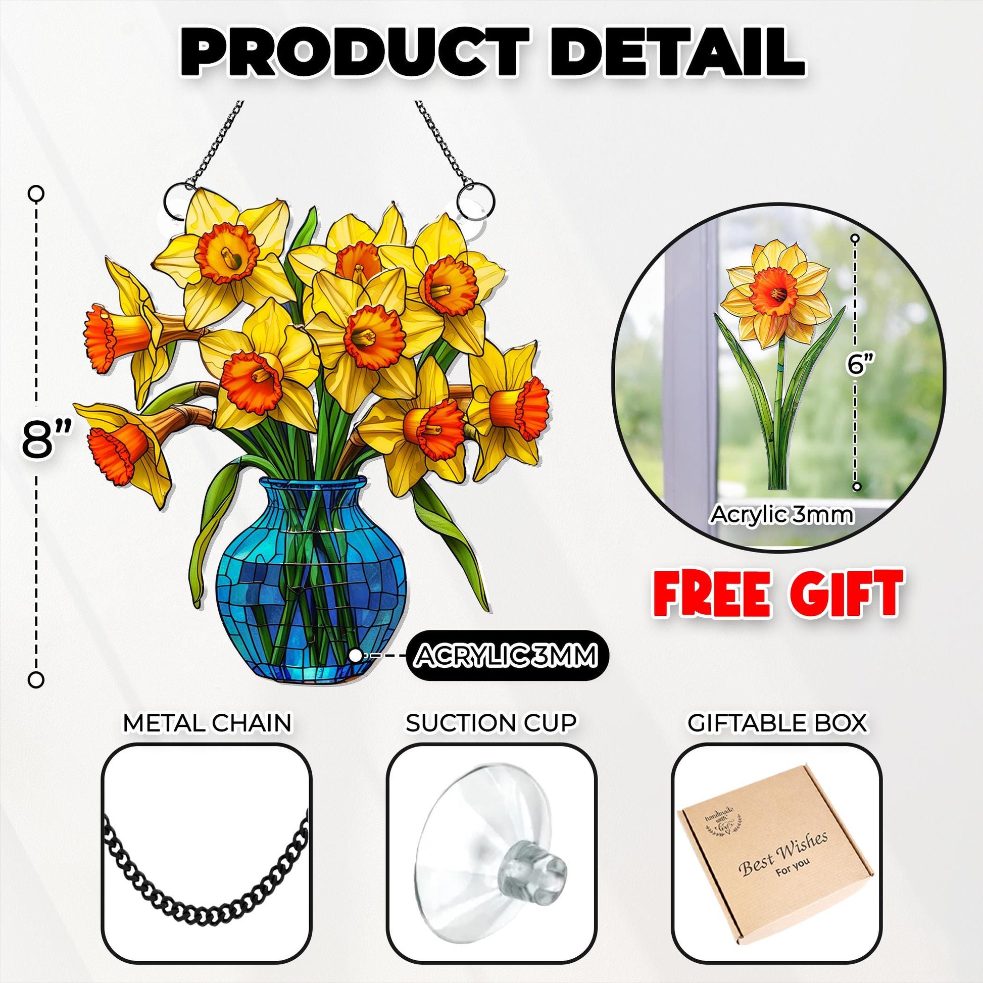 Everlasting Daffodils in Vase Stained Glass Suncatcher, Flowers Acrylic Window Hanging Art Decoration, Mothers day Gift for Mom, Nana Gift