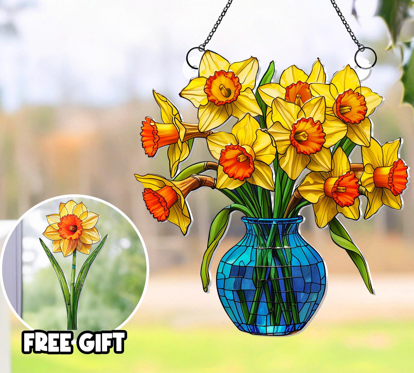 Everlasting Daffodils in Vase Stained Glass Suncatcher, Flowers Acrylic Window Hanging Art Decoration, Mothers day Gift for Mom, Nana Gift