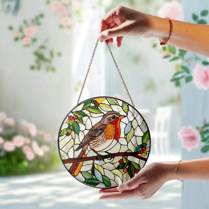Robin Bird Stained Glass Suncatcher Decor Home,Bird Flower Natural Art,Bird Lovers Gift,Nature Inspired Gift,Anniversary Gift,Gift For Mom.