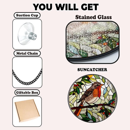 Robin Bird Stained Glass Suncatcher Decor Home,Bird Flower Natural Art,Bird Lovers Gift,Nature Inspired Gift,Anniversary Gift,Gift For Mom.