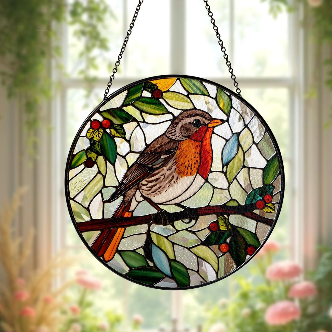 Robin Bird Stained Glass Suncatcher Decor Home,Bird Flower Natural Art,Bird Lovers Gift,Nature Inspired Gift,Anniversary Gift,Gift For Mom.